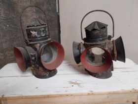 Pair of painted metal railway signal lamps {43 cm H x 30 cm W x 26 cm D}.