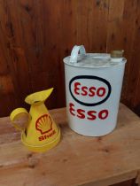Esso metal advertising oil can and Shell metal advertising oil jug {36 cm H x 23 cm Dia. And 23 cm H