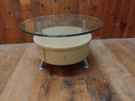 Vintage coffee table with glass top raised on chrome legs {39 cm H x 66 cm W x 66 cm D}.