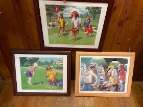 Set of three animated coloured prints mounted in frames {48 cm H x 58 cm W}.