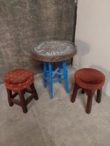 Painted pine bar table with West Cork distillers oak top with two mahogany and upholstered pub