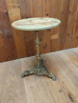 Gilded cast alloy wine table with marbleised top {52 cm H x 36 cm W x 36 cm D}.