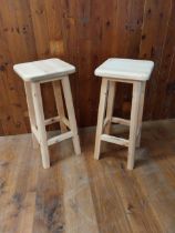 Pair of good quality pine bar - pub stools {80 cm H x 36 cm W x 36 cm D}.