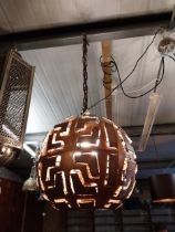 Unusual copper hanging lantern {60 cm H x 50 cm W x 50 cm D}.