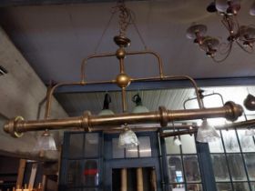 Good quality brass Bar - Pub light with three glass shades {85 cm H x 170 cm W x 16 cm D}.