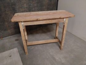 Pine bar - cafe - pub - restaurant table raised on square legs and single stretcher {77 cm H x 102