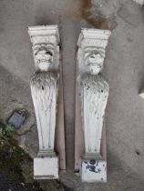 Pair of good quality painted marble resin corbels decorated with Lions {110 cm H x 23 cm W x 21 cm