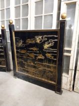 Japanese lacquered bar divider decorated with lotus flowers and birds {162 cm H x 142 cm W x 10 cm
