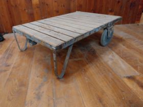 Retro industrial metal and wooden coffee table on wheels {32 cm H x 120 cm W x 80 cm D}.