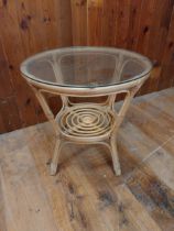 Vintage wicker coffee table with glass top {60 cm H x 60 cm W x 60 cm D}.
