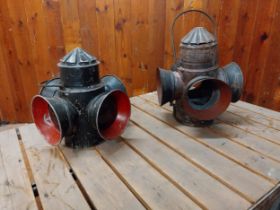 Pair of metal railway lanterns {46 cm H x 30 cm W x 30 cm D}.