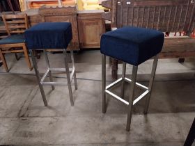 Pair of bars stools with crushed velvet upholstered seats on polish steel bases {82 cm H x 44 cm W x