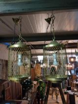 Pair of good quality brass hanging lanterns {Drop 91 cm H x 26 cm W x 26 cm D}.