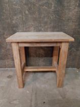 Pine bar - cafe - pub - restaurant table raised on square legs and single stretcher {77 cm H x 58 cm