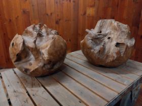 Pair of wooden root ball sculptures {40 cm H x 41 cm Dia.}.