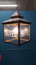 Good quality brass etched glass lantern HOTEL {64 cm H x 40 cm W x 40 cm D}.