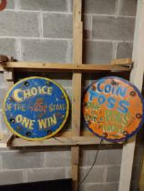 Two vintage hand painted light up Carnival advertising signs {59 cm Dia. 11 cm D}.
