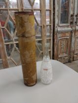 Early 20th C. cardboard and tin canister and Christmas Evian bottle {47, 30 cm H x 10, 9 cm W x