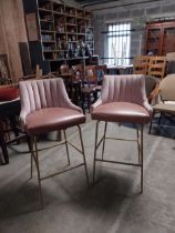 Pair of gilded metal bar stools with crushed velvet and vinyl upholstered seats in the Art Deco