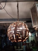 Unusual copper hanging lantern {60 cm H x 50 cm W x 50 cm D}.