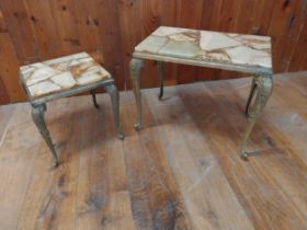 Pair of decorative gilded metal wine/coffee tables with onyx tops