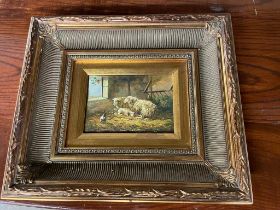 Ornate gilt framed oleograph - Sheep in Barn {34 cm H x 39 cm W}.