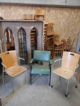 Three vintage arm chairs {Approx. 84 cm H x 52 cm W x 50 cm D}.