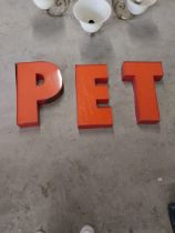 Vintage 1970s Perspex and tin PET advertising sign {45 cm H x 30 cm W x 8 cm D}.