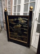 Japanese lacquered bar divider decorated with lotus flowers and birds {154 cm H x 112 cm W x 10 cm