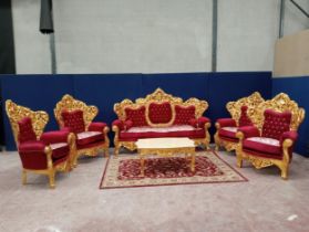 Gilt six piece suite with deep button and red velvet floral design comprising of sofa and four