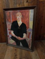 Oleograph Portrait of a Lady mounted in stained pine frame {134 cm H x 103 cm W x 5 cm D}.