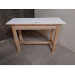 Pine bar - cafe - pub - restaurant table raised on square legs and single stretcher {77 cm H x 107