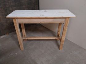 Pine bar - cafe - pub - restaurant table raised on square legs and single stretcher {77 cm H x 107