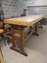 Good quality pine high bar - pub table raised on pedestal support and double stretcher {117 cm H x