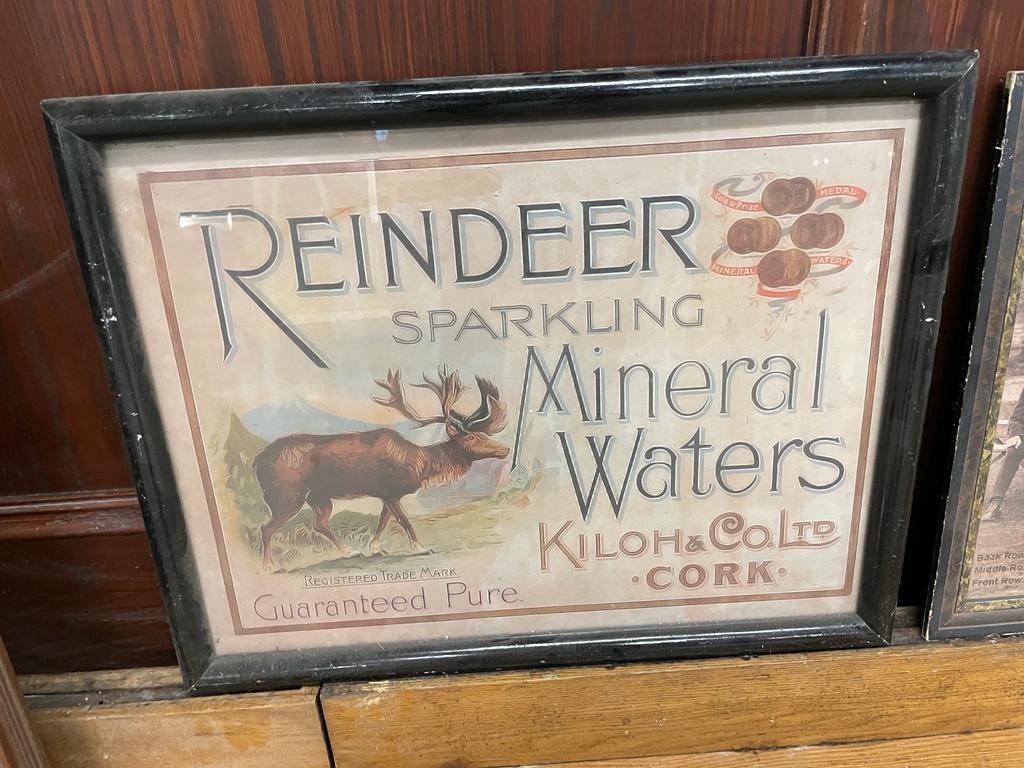 Kiloh and Co Cork Reindeer Sparkling Mineral Waters framed advertising print {52 cm H x 71 cm W}.