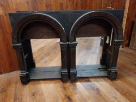 Stained pine mirrored bar back in the Gothic style {110 cm H x 155 cm W x 30 cm D}.