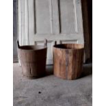 Two early 20th C. wooden log buckets from Vikings: Valhalla TV series{Approx. 47 cm H x 37 cm W x 37