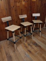 Set of three vintage oak and metal bar stools {100 cm H x 38 cm W x 43 cm D}.