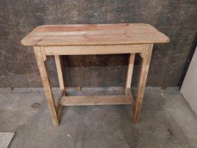 Pine bar - cafe - pub - restaurant table raised on square legs and single stretcher {76 cm H x 92 cm
