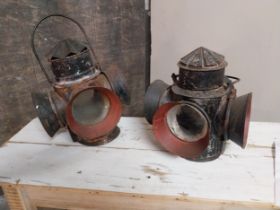 Pair of painted metal railway signal lamps {43 cm H x 30 cm W x 26 cm D}.