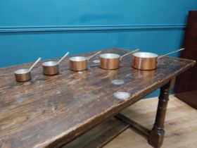Set of five copper and brass saucepans {Smallest 10cm H x 18cm W x 9cm D and Largest 14cm H x 31cm W