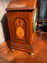 Inlaid mahogany bracket clock with silvered dial by Johnston Glasgow in working order. {41cm H}.