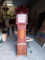 19th C. oak Grandfather clock with painted arch dial raised on bracket feet {233 cm H x 52 cm W x 25