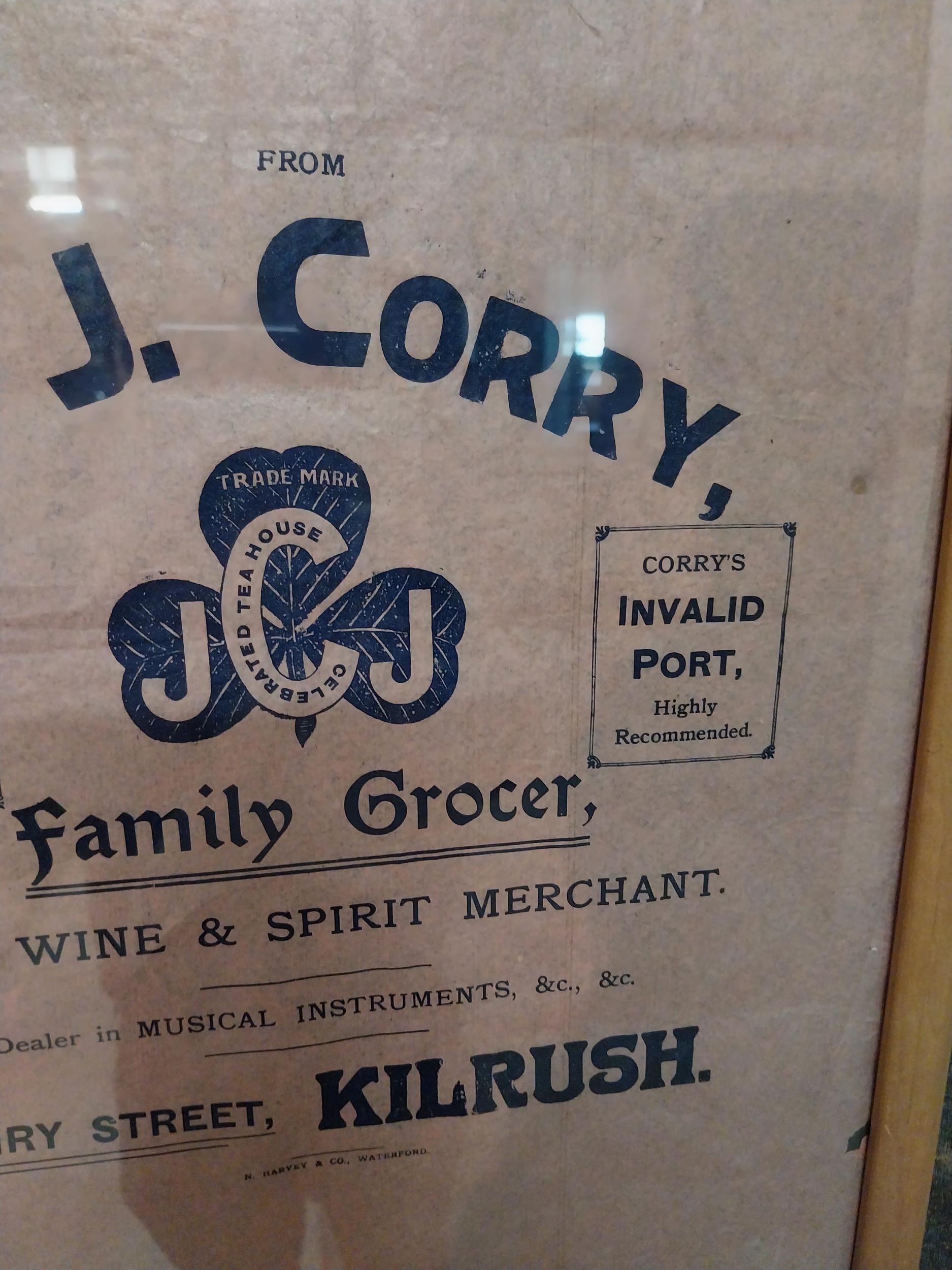 Original J.J. Corry Family Grocers advertisement mounted in pine frame {56 cm H x 44 cm W}. - Image 3 of 3