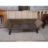 Good quality Indian hardwood and metal bound hall bench {72 cm H x 192 cm W x 56 cm D}.