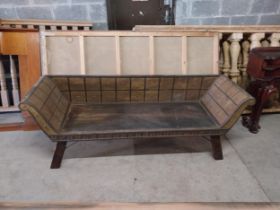 Good quality Indian hardwood and metal bound hall bench {72 cm H x 192 cm W x 56 cm D}.
