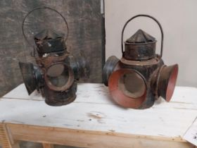 Pair of painted metal railway signal lamps {43 cm H x 30 cm W x 26 cm D}.