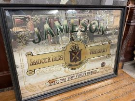 Jameson Whiskey advertising mirror mounted in wooden frame {95 cm H x 131 cm W}.