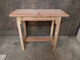 Pine bar - cafe - pub - restaurant table raised on square legs and single stretcher {75 cm H x 90 cm