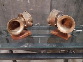 Pair of bronze ship horns converted to table lamps in working order{22 cm H x 24 cm W x 20 cm D}.